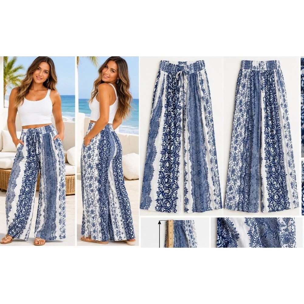 Lulumari Womens Wide Leg Pants Size S Blue Geometric Mixed Print Side Stripe